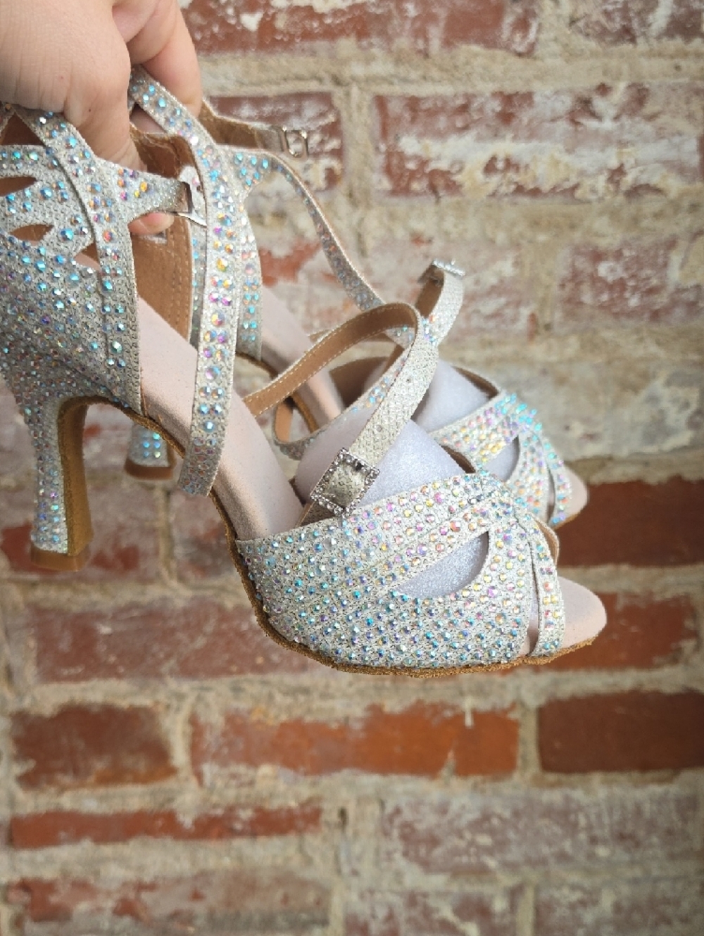 Sparkling Champagne Rhinestone Strappy Dance Heels - Picture 3 of 6